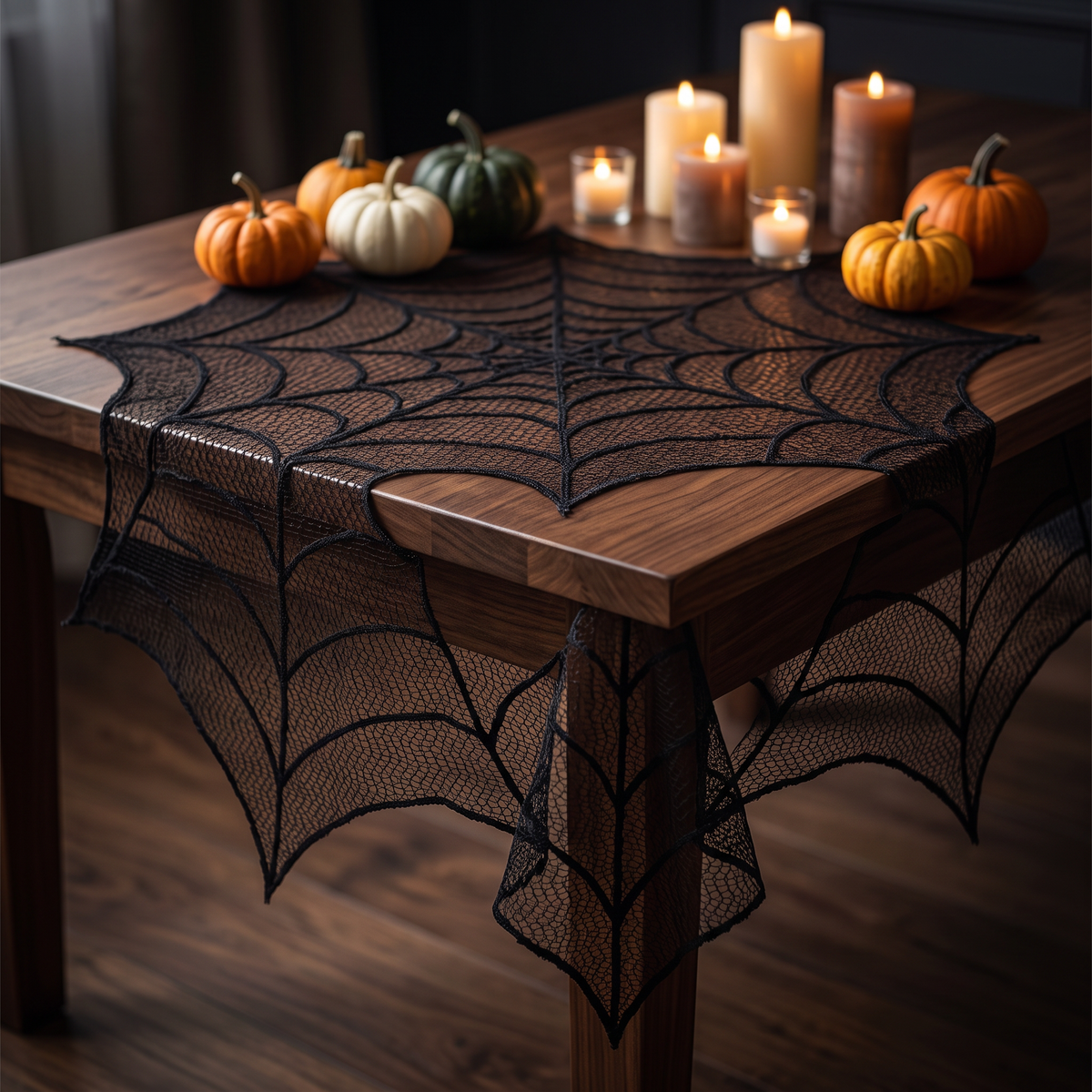 Black spider web lace Halloween tablecloth, Style B, 30 x 30 inch