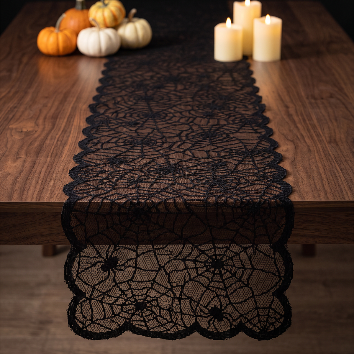 Black spider web lace Halloween table runner, Style F, 13 x 72 inch