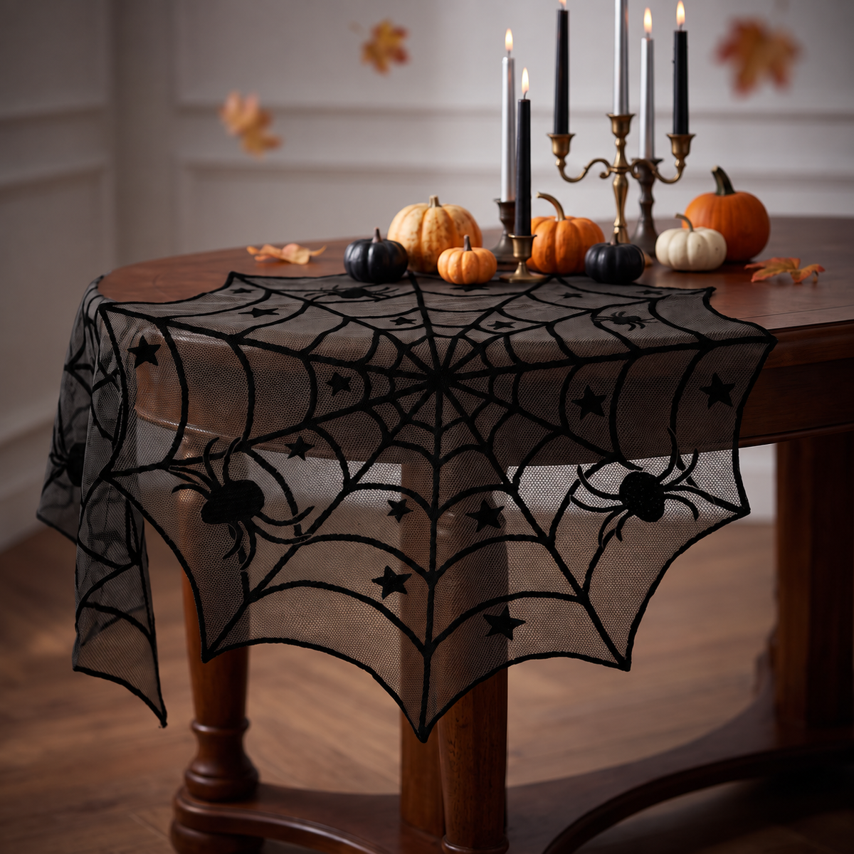 Black spider web lace Halloween tablecloth, Style A, 40 x 40 inch round web