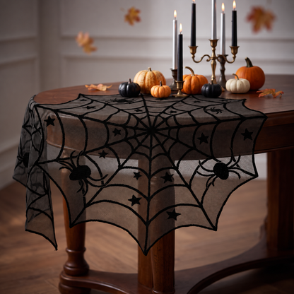 Black spider web lace Halloween tablecloth, Style A, 40 x 40 inch round web