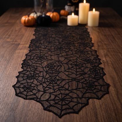 Black spider web lace Halloween table runner, Style A, 20 x 80 inch, on a dining table
