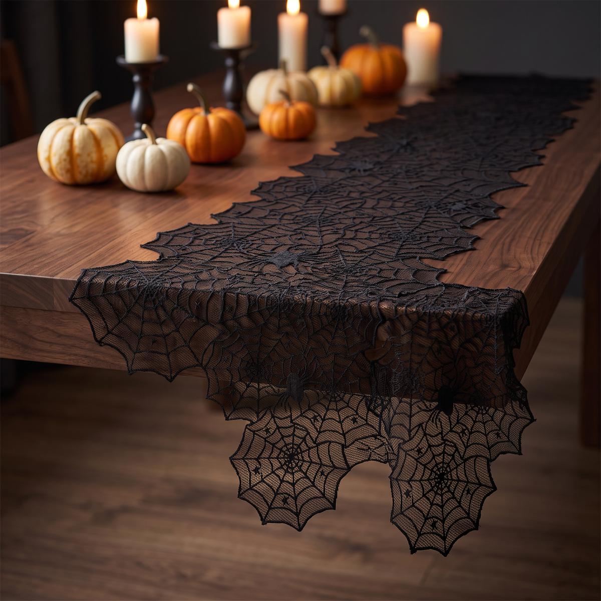 Black spider web lace Halloween table runner, Style B, 18 x 72 inch