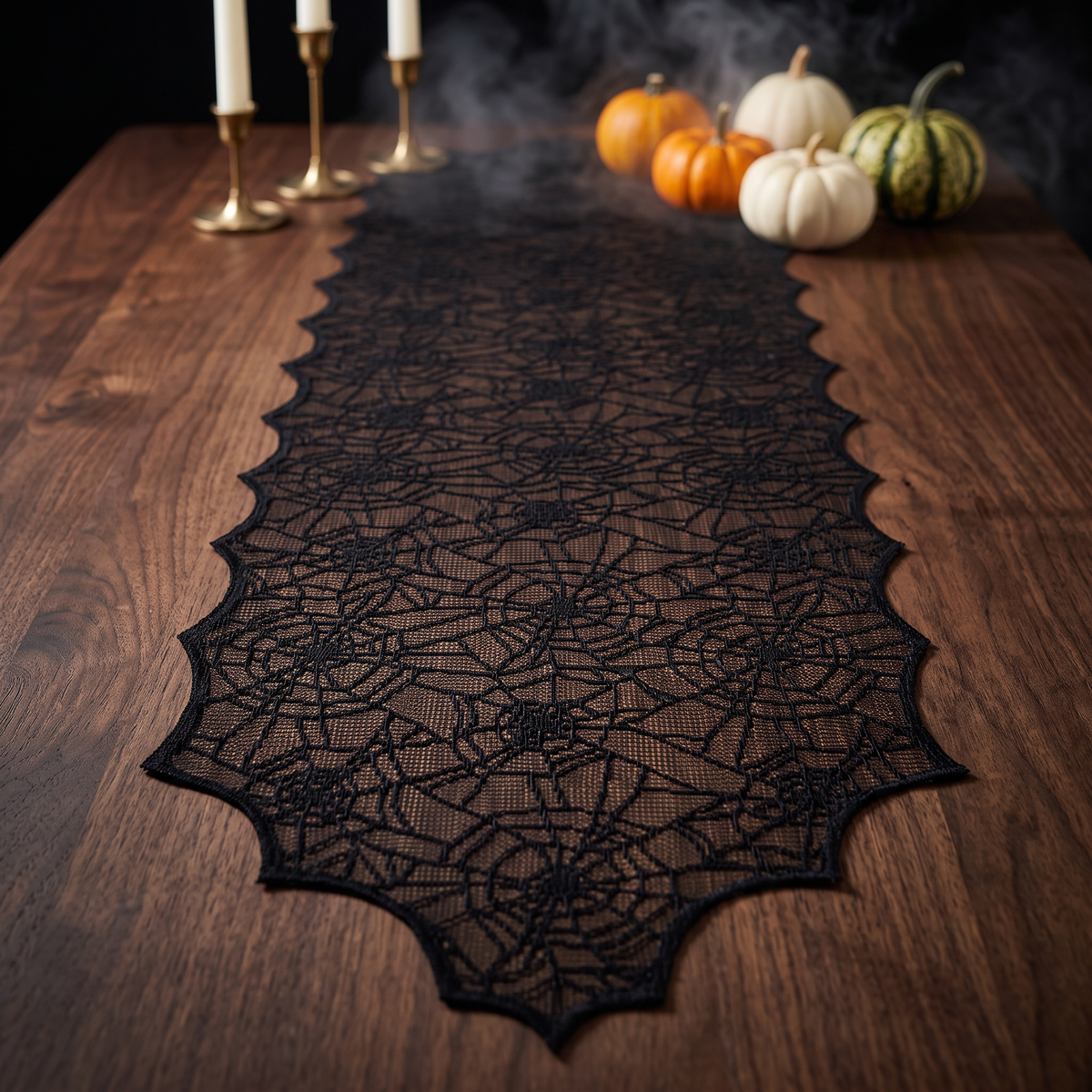Black spider web lace Halloween table runner, Style E, 14 x 48 inch