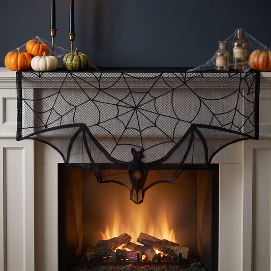 Black spider web lace Halloween fireplace cover, Style B, 33 x 22 inch