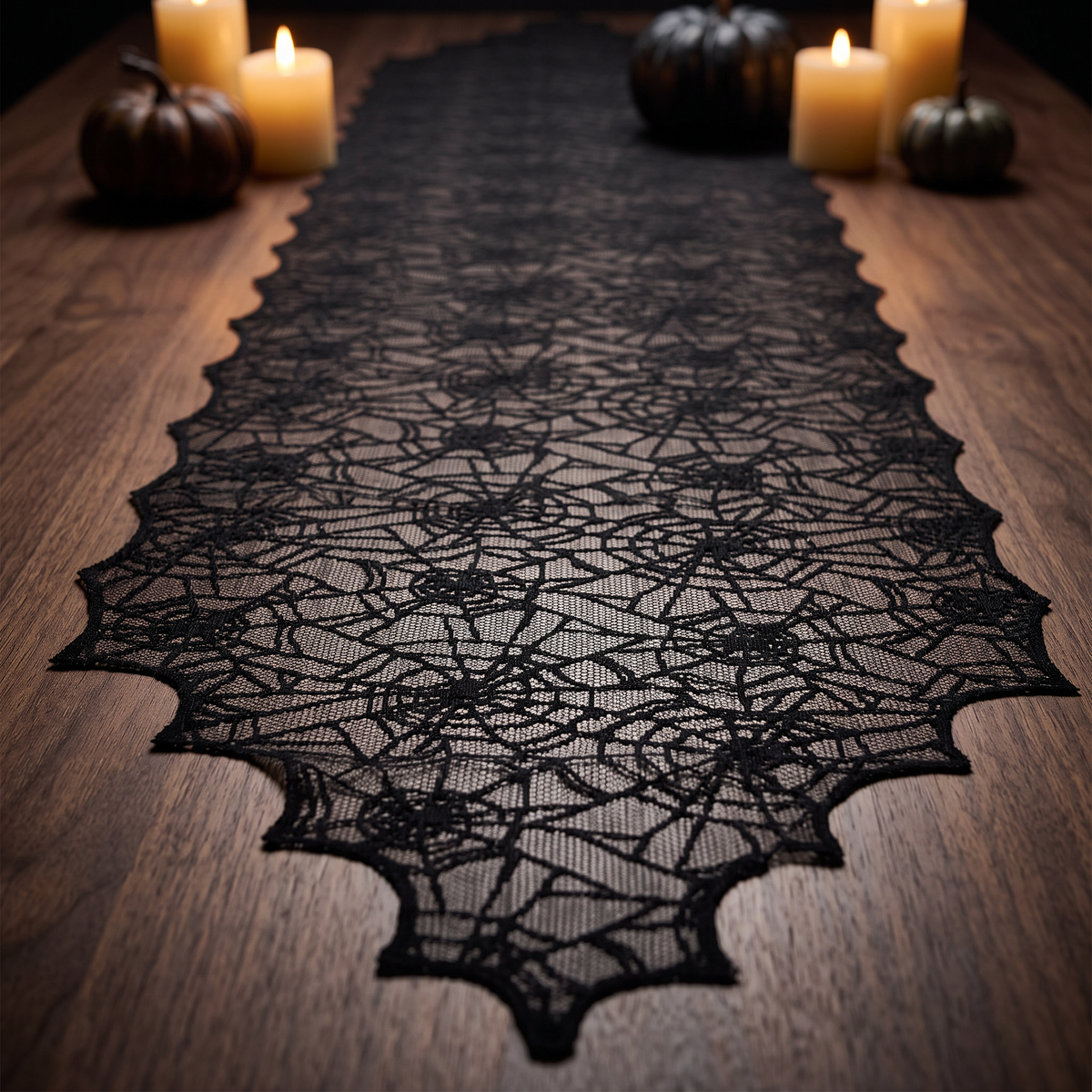 Black spider web lace Halloween table runner, Style C, 18 x 72 inch
