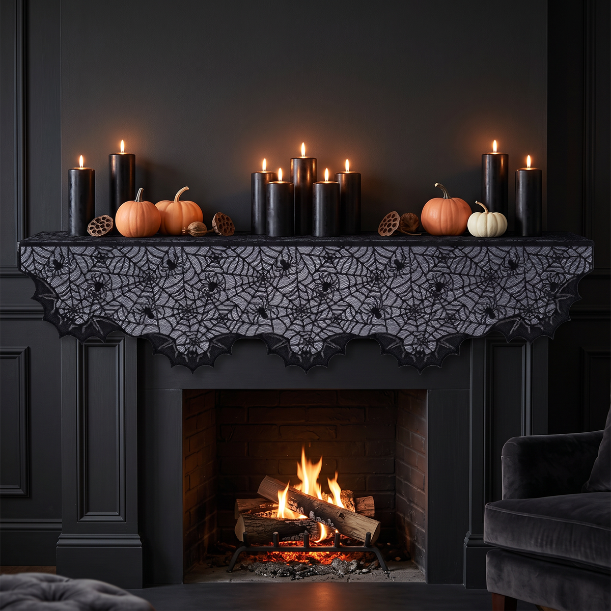 Black spider web lace Halloween mantel scarf, Style C, 20 x 80 inch, on a fireplace mantel