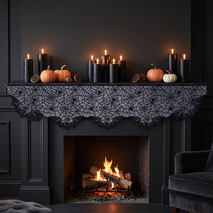 Black spider web lace Halloween mantel scarf, Style C, 20 x 80 inch, on a fireplace mantel