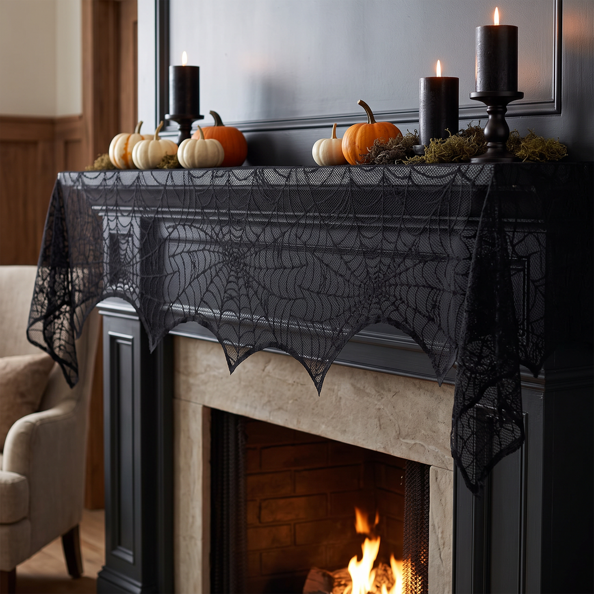 Black spider web lace Halloween mantel scarf, Style A, 18 x 96 inch, on a fireplace mantel