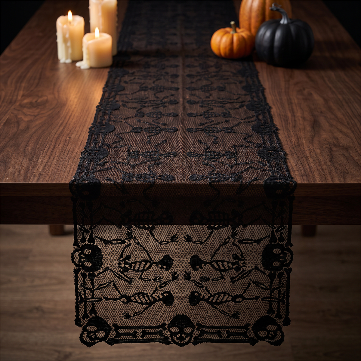 Black spider web lace Halloween table runner, Style D, 18 x 79 inch